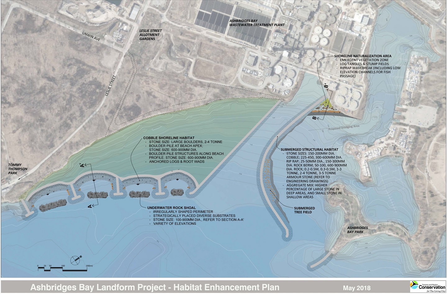 map showing habitat enhancement plan for Ashbridges Bay Landform project