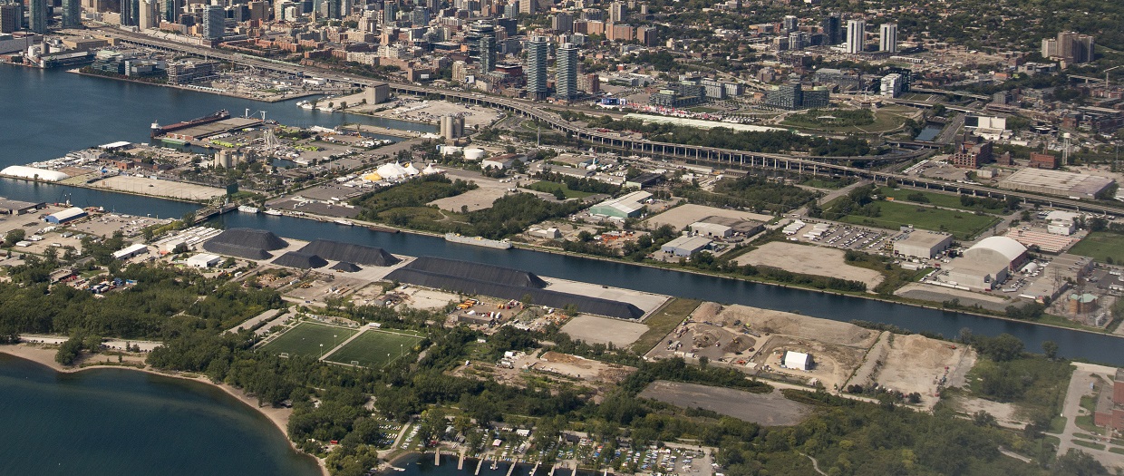 aerial view of Toronto Port Lands and Don Mouth area